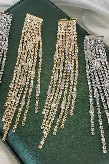 Pendientes largos con borla de diamantes de imitación dorados brillantes